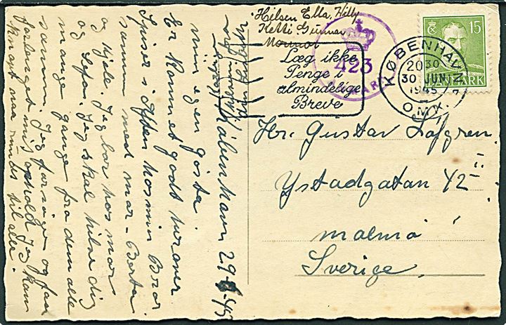 15 øre Chr. X på brevkort fra København d. 30.6.1945 til Malmö, Sverige. Dansk efterkrigscensur (krone)/423/Danmark.