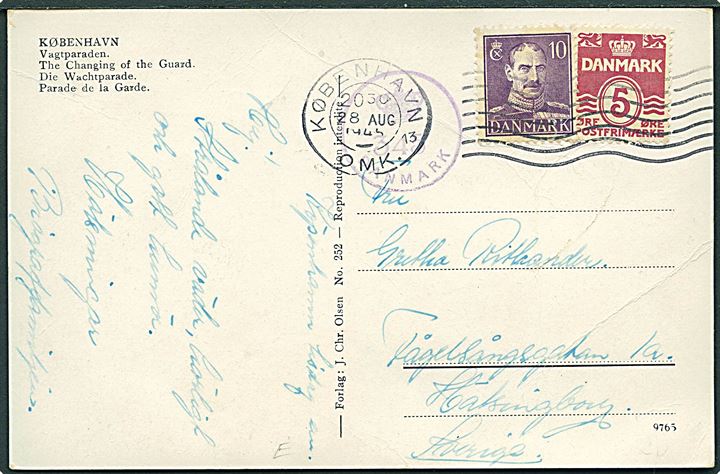 5 øre Bølgelinie og 10 øre Chr. X på brevkort fra København d. 28.8.1945 til Hälsingborg, Sverige. Dansk efterkrigscensur (krone)/345/Danmark.