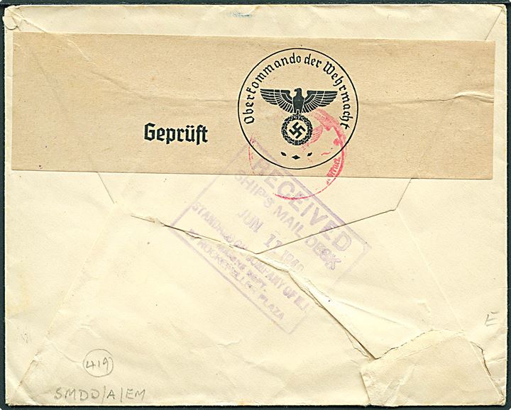 15 øre Karavel i parstykke på brev fra Vester-Skerninge d. 17.5.1940 til sømand ombord på S/S Standard i New York, USA. Ank.stemplet d. 11.6.1940. Åbnet af tysk censur i Berlin.