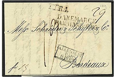 Præfil brev fra København d. 4.9.1819 til Bordeau, Frankrig, via Hamburg, Tyskland. Danemärck Par Hambourg fransk stempel.  Med diverse påtegninger (DAKA + 1200,-).