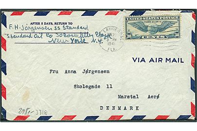 30 cents Winged Globe på luftpostbrev fra Fort Lauderdale d. 23.1.1941 til Marstal, Danmark. Fra dansk sømand ombord på S/S Standard. Åbnet af tysk censur i Frankfurt.