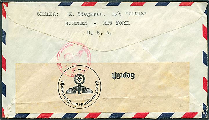 15 cents Buchanna (2) på luftpostbrev fra Hoboken d. 20.6.1940 til Marstal, Danmark. Fra dansk sømand ombord på DFDS skibet M/S Tunis. Åbnet af tysk censur i Berlin.