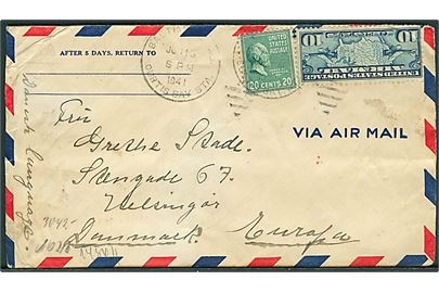10 cents Luftpost og 20 cents Garfield på luftpostbrev fra Baltimore d. 18.6.1941 til Helsingør, Danmark. Fra dansk sømand ombord på M/S Ragnhild. Åbnet af tysk censur i Frankfurt.