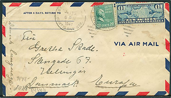 10 cents Luftpost og 20 cents Garfield på luftpostbrev fra Baltimore d. 18.6.1941 til Helsingør, Danmark. Fra dansk sømand ombord på M/S Ragnhild. Åbnet af tysk censur i Frankfurt.