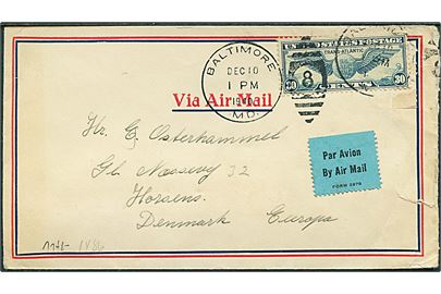 30 cents Winged Globe på luftpostbrev fra Baltimore d. 10.12.1940 til Horsens, Danmark. Fra sømand ombord på norske skib S/S Kirsten B. Åbnet af tysk censur i Frankfurt.