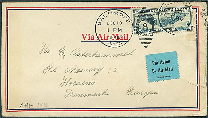 30 cents Winged Globe på luftpostbrev fra Baltimore d. 10.12.1940 til Horsens, Danmark. Fra sømand ombord på norske skib S/S Kirsten B. Åbnet af tysk censur i Frankfurt.