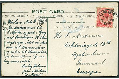 1d George V på brevkort fra Durban d. 13.4.1916 til København, Danmark. Fra sømand ombord på S/S Natal. Svag sydafrikansk censur.