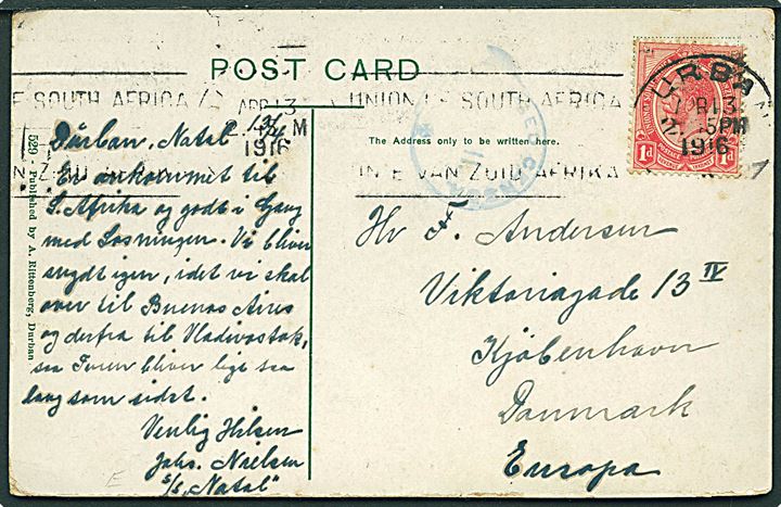 1d George V på brevkort fra Durban d. 13.4.1916 til København, Danmark. Fra sømand ombord på S/S Natal. Svag sydafrikansk censur.
