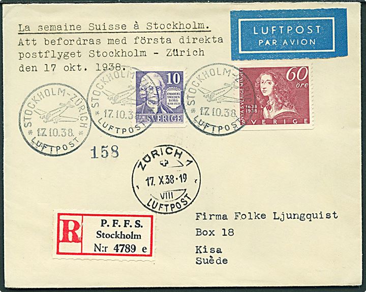 10 öre Swedenborg og 60 öre Nye Sverige Minnet på anbefalet 1.-flyvningsbrev stemplet Stockholm - Zürich Luftpost d. 17.10.1938 via Zürich til Kisa, Sverige.