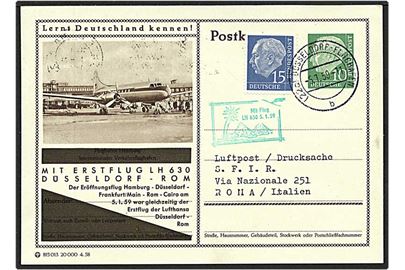 10 pfennig luftpost enkeltbrevkort opfrankeret med 15 pfennig blå fra Düsseldorf, Tyskland, d. 5.7.1959 til Rom, Italien.
