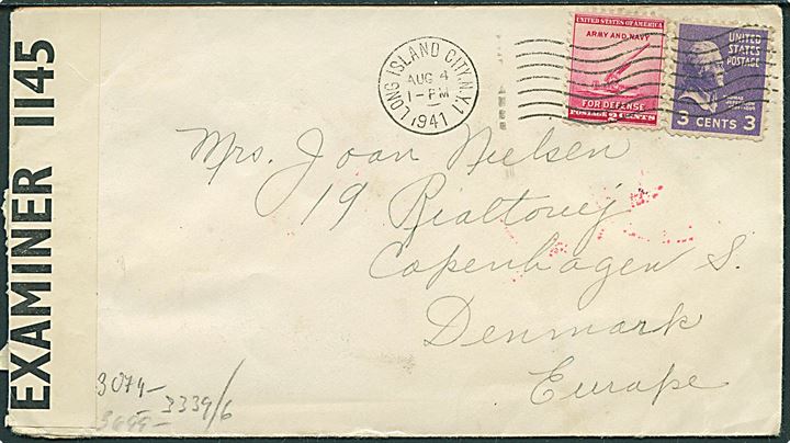 5 cents blandingsfrankeret brev fra Long Island d. 4.8.1941 til København, Danmark. Åbnet af både britisk censur PC90/1145 og tysk censur i Frankfurt.