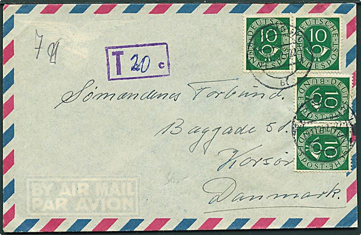 10 pfg. Ciffer (4) på underfrankeret luftpostbrev fra Hamburg d. 3.12.1952 til Korsør, Danmark. Violet portostempel T 20c.