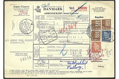 3,90 kr. porto på internationalt adressekort fra Fredericia d. 28.11.1957 til Gent, Belgien. Mærkerne med perfin E35 - Ernst Voss Fabrik.