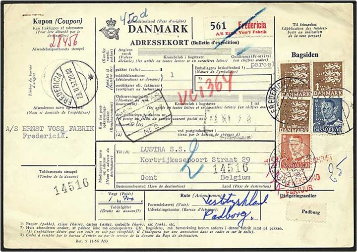 3,90 kr. porto på internationalt adressekort fra Fredericia d. 28.11.1957 til Gent, Belgien. Mærkerne med perfin E35 - Ernst Voss Fabrik.