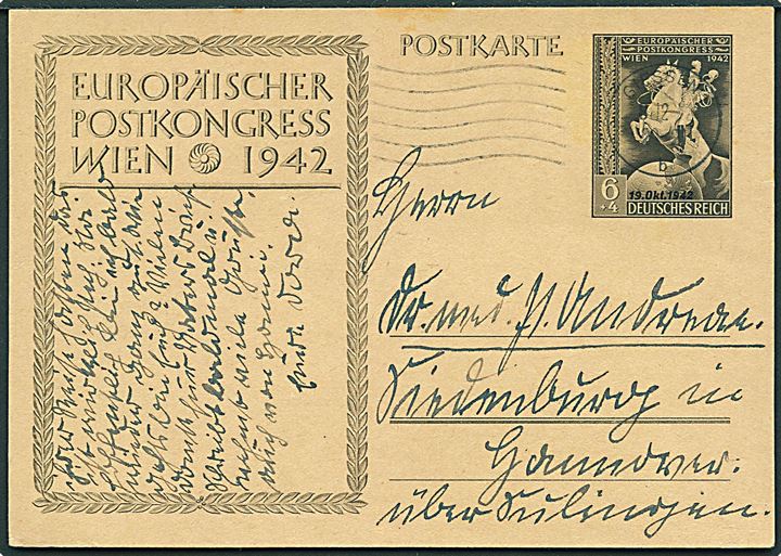 6+4 pfg. illustreret Europäischer Postkongress Wien 1942 helsagsbrevkort fra Giessen d. 8.12.1942.