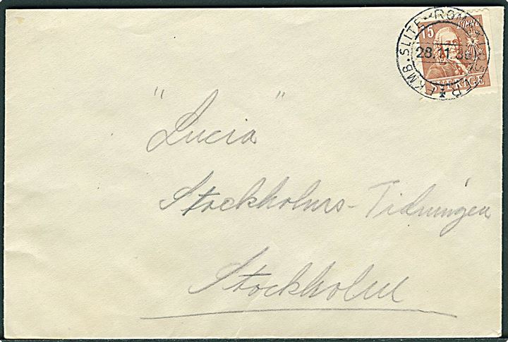 15 öre Linné på brev annulleret med bureaustempel FKMB Slite - Romakloster d. 28.11.1939 til Stockholm. Godt stempel.