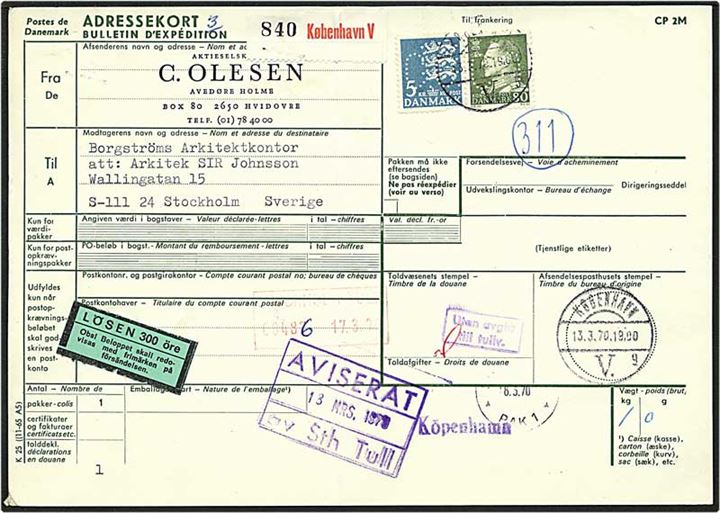 5,80 kr. porto på internationalt adressekort fra København d. 13.3.1970 til Stockholm, Sverige. Mærkerne med perfin C51 - C. Olesen.
