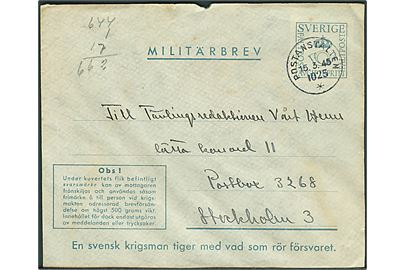 Militärbrev stemplet Postanstalten 1025* (= Karlskrona) d. 15.3.1945 til Stockholm. Fra sergent ved Marinepost 2903 C = Blekinge kustartilleriförsvar Batteri TÖ. Ubenyttet svarmærke.