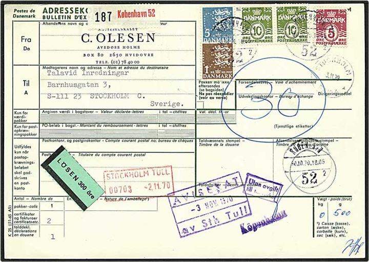 6,25 kr. porto på internationalt adressekort fra København d. 30.10.1970 til Stockholm, Sverige, Mærkerne med perfin C51 - C. Olesen.
