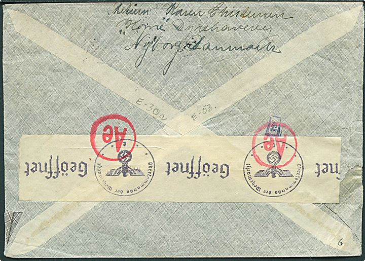 25 øre Karavel og 1 kr. Chr. X på luftpostbrev fra Nyborg d. 30.5.1941 til sømand ombord på M/S Phoebus, New York, USA - eftersendt til Bayonne. Åbnet af tysk censur i Frankfurt.