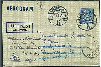 40 øre helsags aerogram (fabr. 1) fra København d. 26.1.1950 til sømand ombord på M/S Frania (?) via rederiadresse i København - eftersendt til Post Said, Egypten.