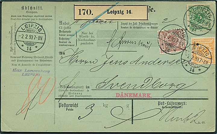 5 pfg. Ciffer, 25 pfg. og 50 pfg. Adler på adressekort for pakke fra Leipzig d. 2.2.1893 til Svendborg.