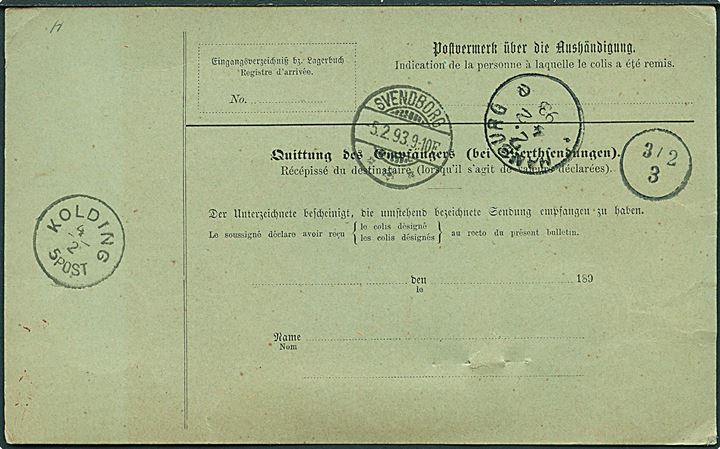 5 pfg. Ciffer, 25 pfg. og 50 pfg. Adler på adressekort for pakke fra Leipzig d. 2.2.1893 til Svendborg.