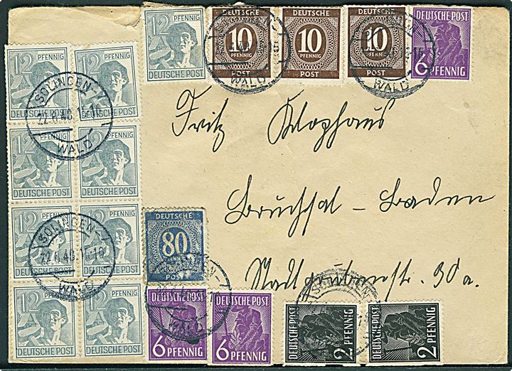 Blandingsfrankeret Zehnfach frankeret brev fra Solingen - Wald d. 22.6.1948. Flere mærker med skader.