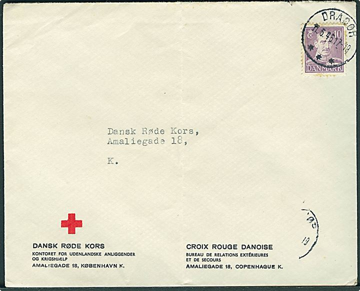 10 øre Chr. X på fortrykt lokalbrev fra Dansk Røde Kors annulleret med brotype IIIc Dragør d. 11.5.1946 til Dansk Røde Kors i København.
