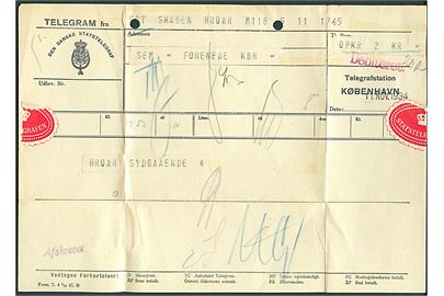 Telegram fra Skagen d. 11.11.1934 til DFDS i København med meddelelse om at skibet Hrora er for Sydgaaende.
