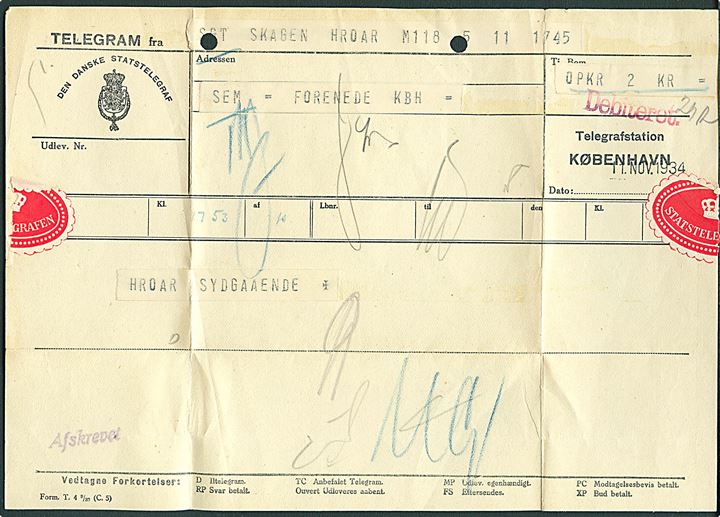 Telegram fra Skagen d. 11.11.1934 til DFDS i København med meddelelse om at skibet Hrora er for Sydgaaende.