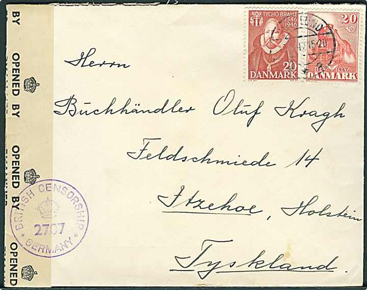 20 øre Thyco Brahe og 20 øre DSB på brev fra Hovslund d. 5.9.1947 til Itzehoe, Tyskland. Åbnet af britisk efterkrigscensur i Tyskland.