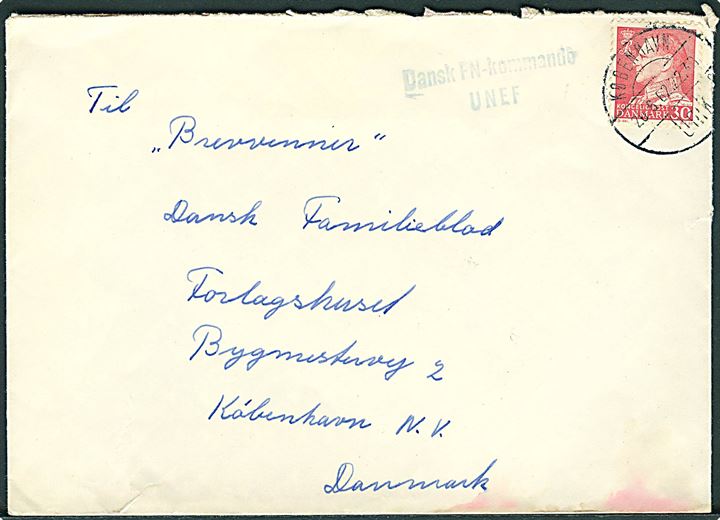 30 øre Fr. IX på brev stemplet København d. 20.6.1962 og sidestemplet Dansk FN-kommando UNEF til København. Fra menig ved Coy 2 DANOR Bn, UNEF i Gaza.