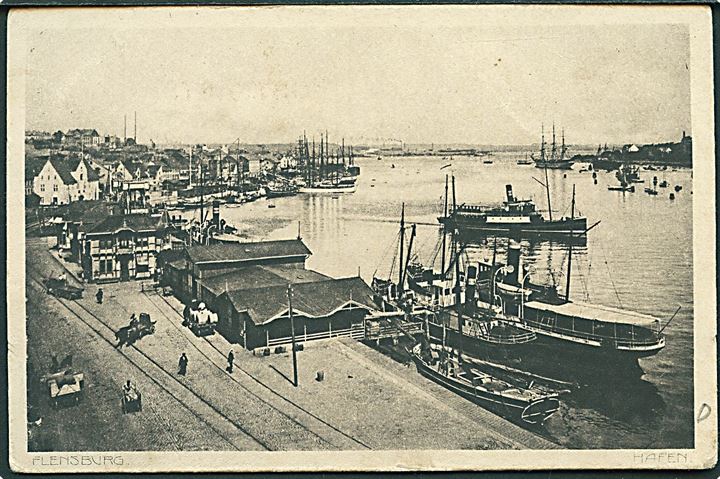 Ufrankeret feltpostkort (Havneparti fra Flensburg) stemplet Hammeleff (Schleswig) d. 30.12.1915 til marineartillerist i Laboe ved Kiel.