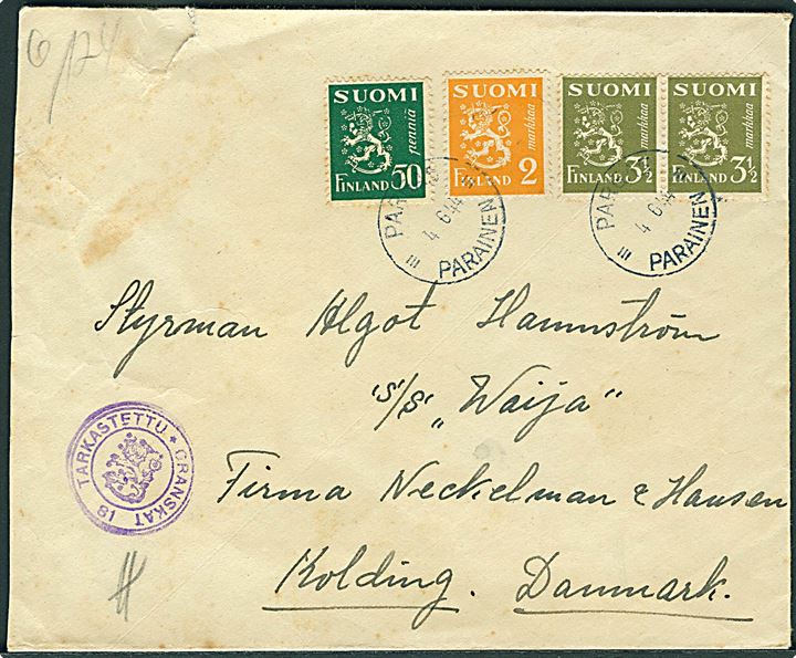 50 pen., 2 mk. og 3½ mk. (2) løve på brev fra Pargas d. 4.6.1944 til sømand ombord på S/S Waija i Kolding. Både finsk og dansk censur.