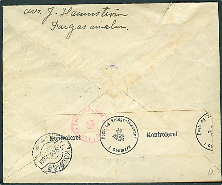 50 pen., 2 mk. og 3½ mk. (2) løve på brev fra Pargas d. 4.6.1944 til sømand ombord på S/S Waija i Kolding. Både finsk og dansk censur.