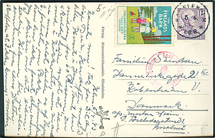10 öre Gustaf og 2öre För Finlands Barn mærkat på brevkort fra Hässleholm d. 5.4.1943 til København, Danmark. Dansk censur.