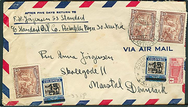 Blandingsfrankeret luftpostbrev fra Gartagena d. 29.1.1941 til Marstal, Danmark. Fra dansk sømand ombord på S/S Standard. Åbnet af tysk censur i Frankfurt.
