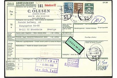 6,30 kr. porto på adressekort fra København d. 2.10.1970 til Stockholm, Sverige. Sat i porto med 300 øre. Mærkerne med perfin C51 - C. Olesen.