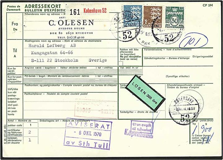 6,30 kr. porto på adressekort fra København d. 2.10.1970 til Stockholm, Sverige. Sat i porto med 300 øre. Mærkerne med perfin C51 - C. Olesen.