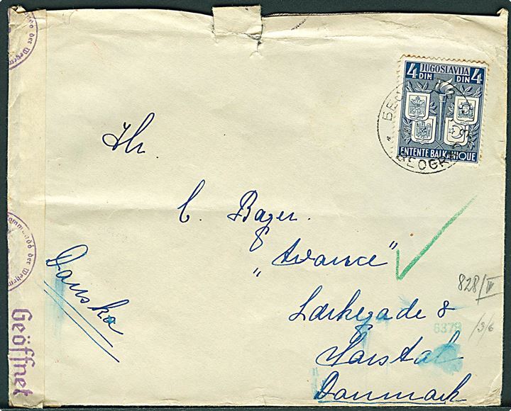 4 din. Balkan Entente udg. på brev fra Geograd d. 11.1.1941 til Marstal, Danmark. Åbnet af tysk censur i Wien.