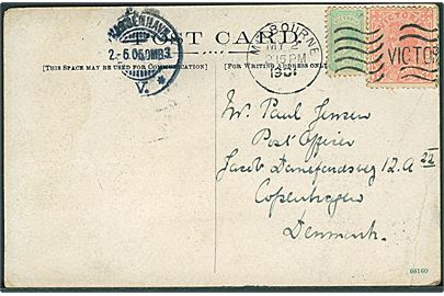 ½d og 1d Victoria på brevkort fra Melbourne d. 2.5.1905 til Kjøbenhavn, Danmark.