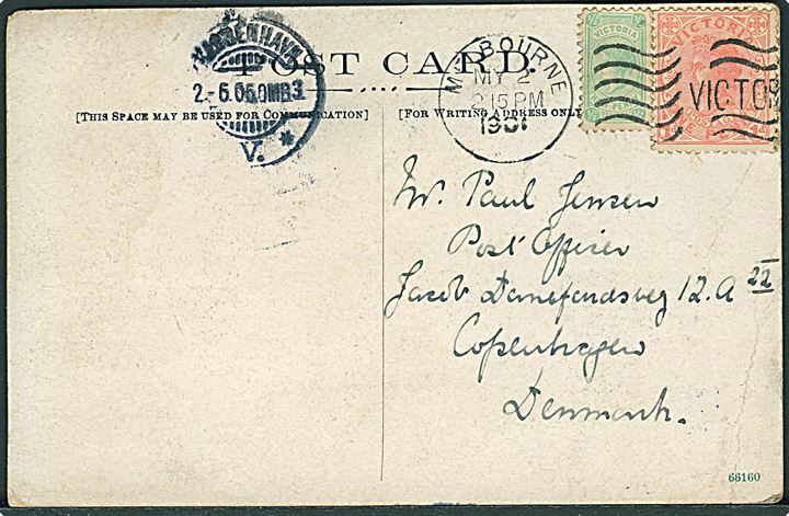 ½d og 1d Victoria på brevkort fra Melbourne d. 2.5.1905 til Kjøbenhavn, Danmark.