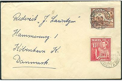 1d og 1½d George VI på brev fra Valletta d. 20.9.1938 til Rederiet J. Laurtítzen, København, Danmark. Fra sømand ombord på S/S Carmen.