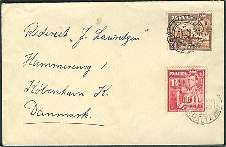 1d og 1½d George VI på brev fra Valletta d. 20.9.1938 til Rederiet J. Laurtítzen, København, Danmark. Fra sømand ombord på S/S Carmen.