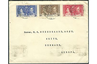Komplet sæt Coronation på brev fra Buruku d. 15.10.1937 via Lagos til Skive, Danmark. Fra sømand ombord på S/S Margit.