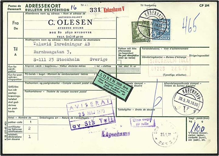 5,80 kr. porto på adressekort fra København d. 20.5.1970 til Stockholm, Sverige. Sat i porto med 300 øre. Mærkerne med perfin C51 - C. Olesen.