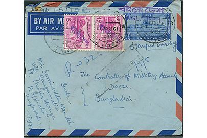 10 as. provisorisk helsags luftpostkuvert opfrankeret med forskellige provisoriske udg. og sendt anbefalet fra Naogaon S.O. d. 19.5.1972 til Decca.