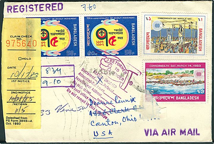 Blandingsfrankeret anbefalet brev fra Dacca 1983 til Canton, USA - eftersendt og anmeldt til afhentning.