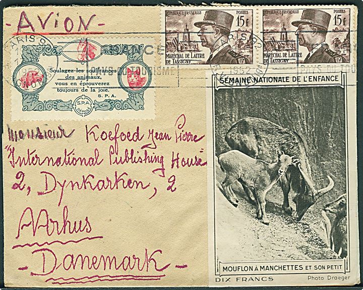 15 fr. (par) og forskellige dyrebeskyttelses mærkater på brev fra Paris d. 17.5.1952 til Aarhus, Danmark.